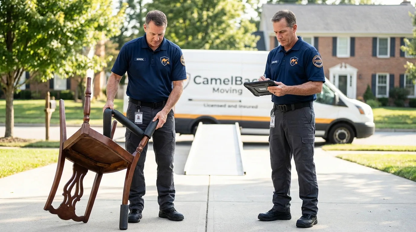 Movers inspecting furniture for damage prevention before loading in Jessup, PA